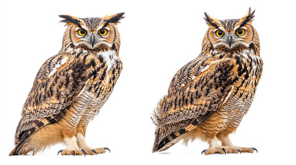 Fototapeta premium Eagle owl collection (portrait, standing, flying), animal bundle isolated on a white background as white jpg.