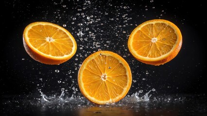 Vibrant Fresh Orange Fruit Slices Splashing in Water on Black Background