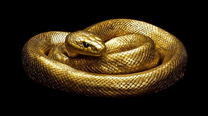 Fototapeta premium Golden snake coiled on black background.
