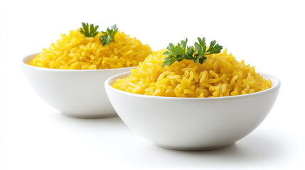 Set of two white bowls with yellow rice, side and top down view, isolated on a white background.