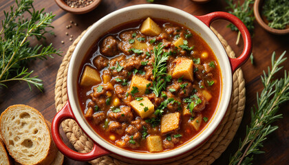 Cozy Belgian stoofvlees in rustic pot, warm kitchen ambiance