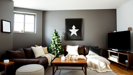 cozy living room with christmas tree and brown sectional sofa