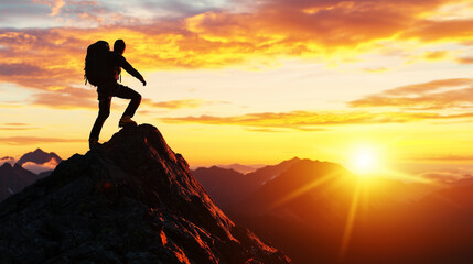 Fototapeta premium The Summit Awaits: A Determined Climb at Sunrise