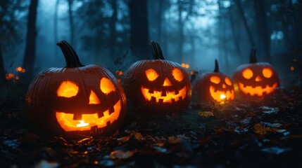 Fototapeta premium Glowing Jack-o'-lanterns in a Misty Forest During Halloween Night with Fallen Leaves