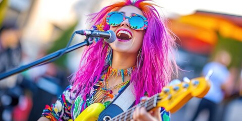 Fototapeta premium flamboyant female hippie musician performing in public city street