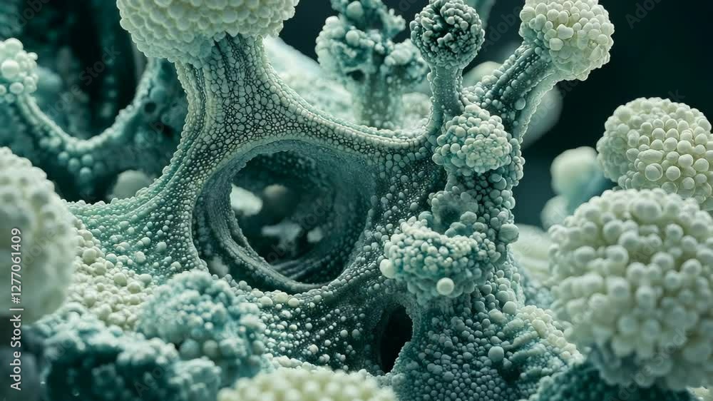 Poster intricate microscopic view of coral-like structures in turquoise and white colors showcasing diverse