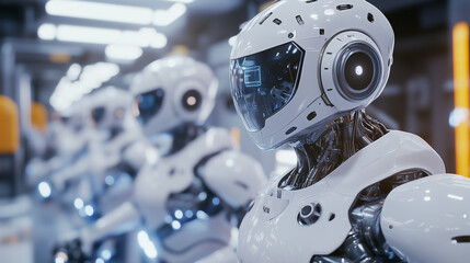 Futuristic manufacturing plant with humanoid robots