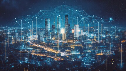 Digital cityscape with futuristic technology and glowing connected network overlay
