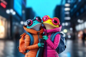 Obraz premium neon pop art frog couple futuristic metallic suits cyberpunk skyline