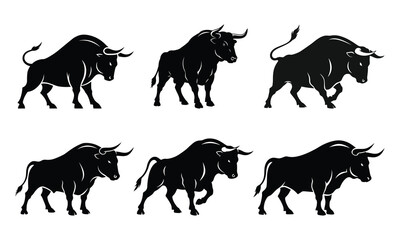 Set of silhouettes bull vector Illustration, Detailed artwork, Minimalist design, isolated on white background. Simple shape for logo design, emblem, symbol, sign, badge, label, stamp