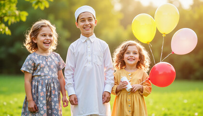 Children holding balloons in a park.