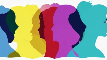 A vibrant illustration of colorful female profiles in overlapping colorful silhouettes. This artistic composition celebrates diversity, individuality, and creativity through a bold and modern design. - Powered by Adobe