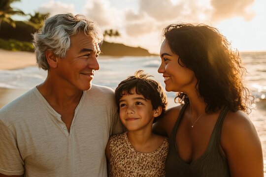 Joyful Multi-Generation Family Celebrating Life Together at Tropical Beach Paradise During Golden Hour