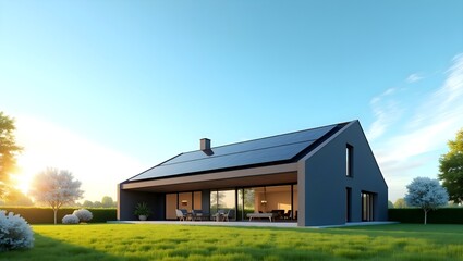 Modern house with solar panels on the rooftop under a bright blue sky.

