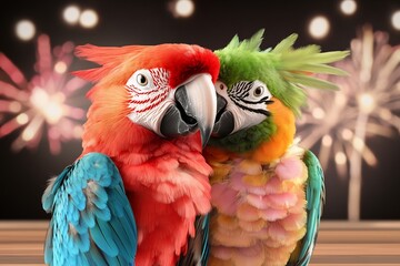 Obraz premium trendy pop art parrot couple neon feathered carnival outfits fireworks