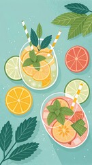 Two Refreshing Citrus Cocktails With Orange, Lime, Grapefruit, And Mint On A Cool Green Background. Ideal For Summer, Healthy Lifestyle, Social Events, And Beverage Branding...