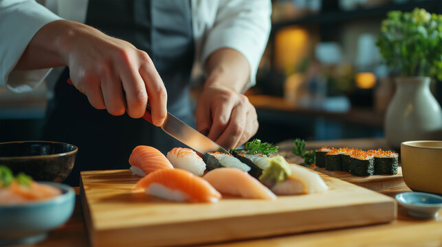 Sushi chef skillfully prepares various types of sushi in a vibrant kitchen setting during the evening