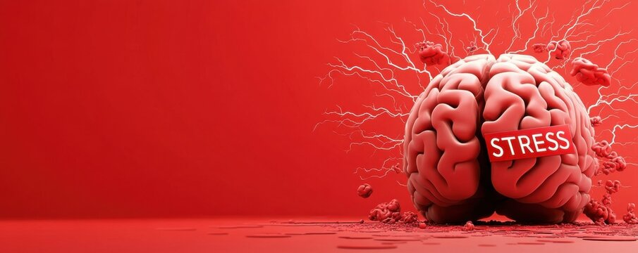 Brain under stress with exploding nerves on red background