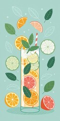 Refreshing Citrus Drink With Orange, Lemon, Lime, And Mint Leaves In A Tall Glass With A Striped Straw On A Light Green Background. Perfect For Summer, Wellness, And Beverage Marketing...