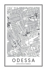 Printable downtown road map poster of the USA town of ODESSA on solid white background with city name