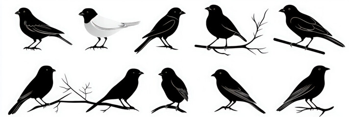 Silhouettes of birds perched on a branch icons set
