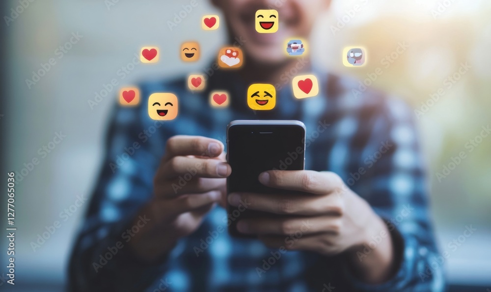Poster a man holding his phone with social media icons and emoticons floating above it, indicating he is cr