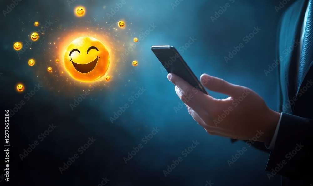 Poster a person using a smartphone with emoji symbols floating above it, indicating the positive integratio