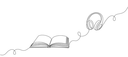 Single continuous editable line of audiobook and headphones.  Concept of online service for audio reading, learning in minimal linear style. Vector illustration
