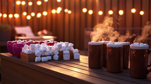 A warm Valentine-themed patio setup with a hot chocolate buffet