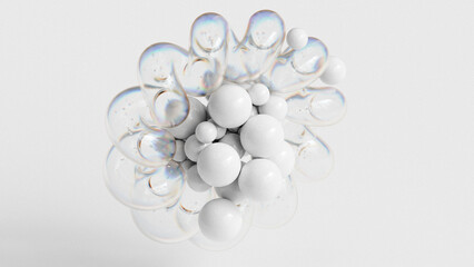 White abstract background with sphere and spiral shapes, 3d render
