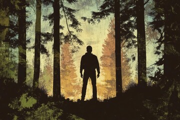 Fototapeta premium A solitary figure stands silhouetted against a sunlit forest, evoking a sense of mystery and contemplation.
