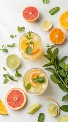  Citrus Cocktails With Ice, Mint, And Fresh Orange, Lime Slices On A White Background. Refreshing Summer Drink Concept For Beverage Branding, Healthy Lifestyle, And Social Media Marketing.