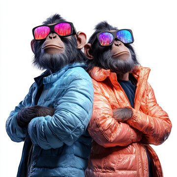 bold pop art monkey couple futuristic holographic outfits digital cityscape
