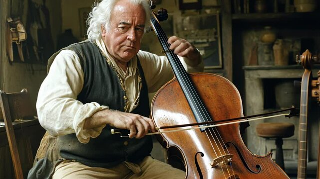 Skilled musician plays a cello in a traditional workshop filled with tools and vintage instruments, showcasing a rich musical heritage