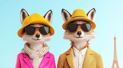 stylish pop art fox couple elegant Parisian attire Eiffel Tower fashion