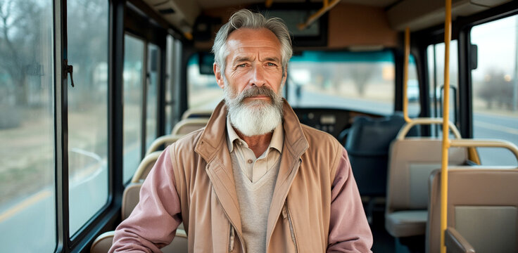 contemplative mature man sits on a public bus gazing directly at the camera.