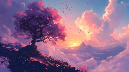 Pink blossoms at sunset frame a solitary figure overlooking mountains, bathed in soft, pastel light.