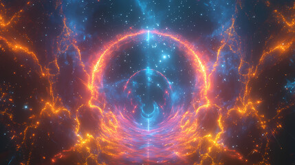 Obraz premium Galactic gateway: neon fractal cosmic portal with drifting star particles - cinematic ultra-detailed image. Mystical Neon Fractals. Illustration