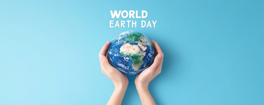 World earth day: hands holding planet against blue background