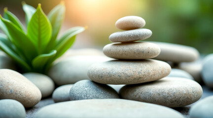 Obraz premium four gray stones stacked in a tranquil scene with green leaves