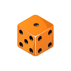 Game dice, orange dice with the number one side coming up. Dice cube icon isolated on white background.