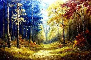 Obraz premium A vibrant forest path showcasing autumn colors amid tall trees and a sunny sky.