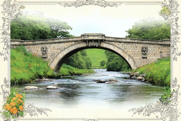 Fototapeta premium A picturesque stone bridge spans a serene river surrounded by lush greenery.
