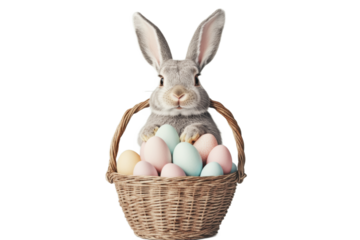 Cute rabbit holds basket with colorful eggs