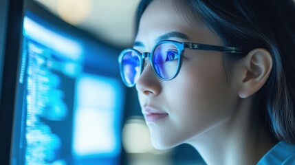 Ophthalmology expert analyzing data in a modern laboratory setting with advanced optical equipment