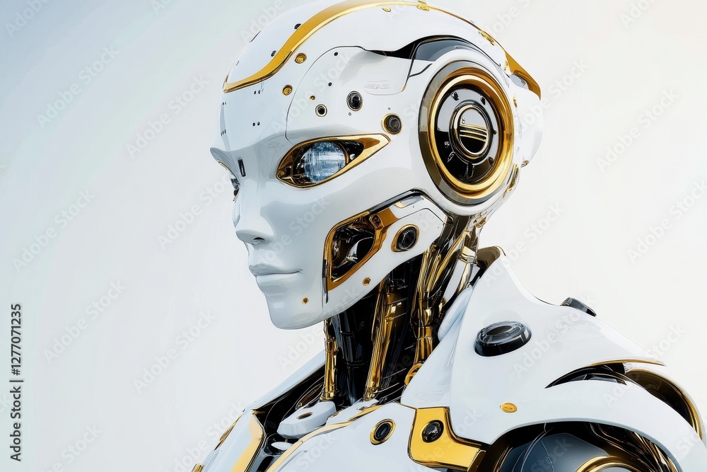 Poster futuristic humanoid robot with sleek design showcasing advanced technology features