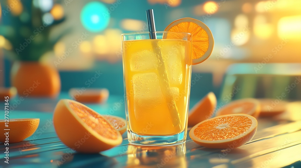 Poster refreshing orange juice with ice and sliced oranges on a cool, blue table with a soft, bokeh backgro