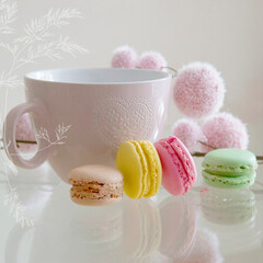 Macarons, sweet, tasty and colorful, together in a tea cup, isolated on a white background.