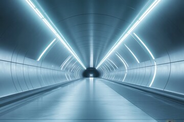 Futuristic underground tunnel illuminated with bright blue lights in a modern architectural design