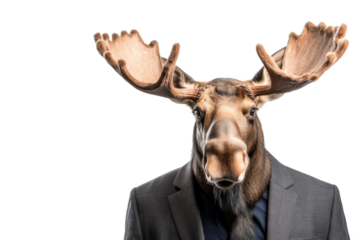Moose dressed in a suit poses for a portrait